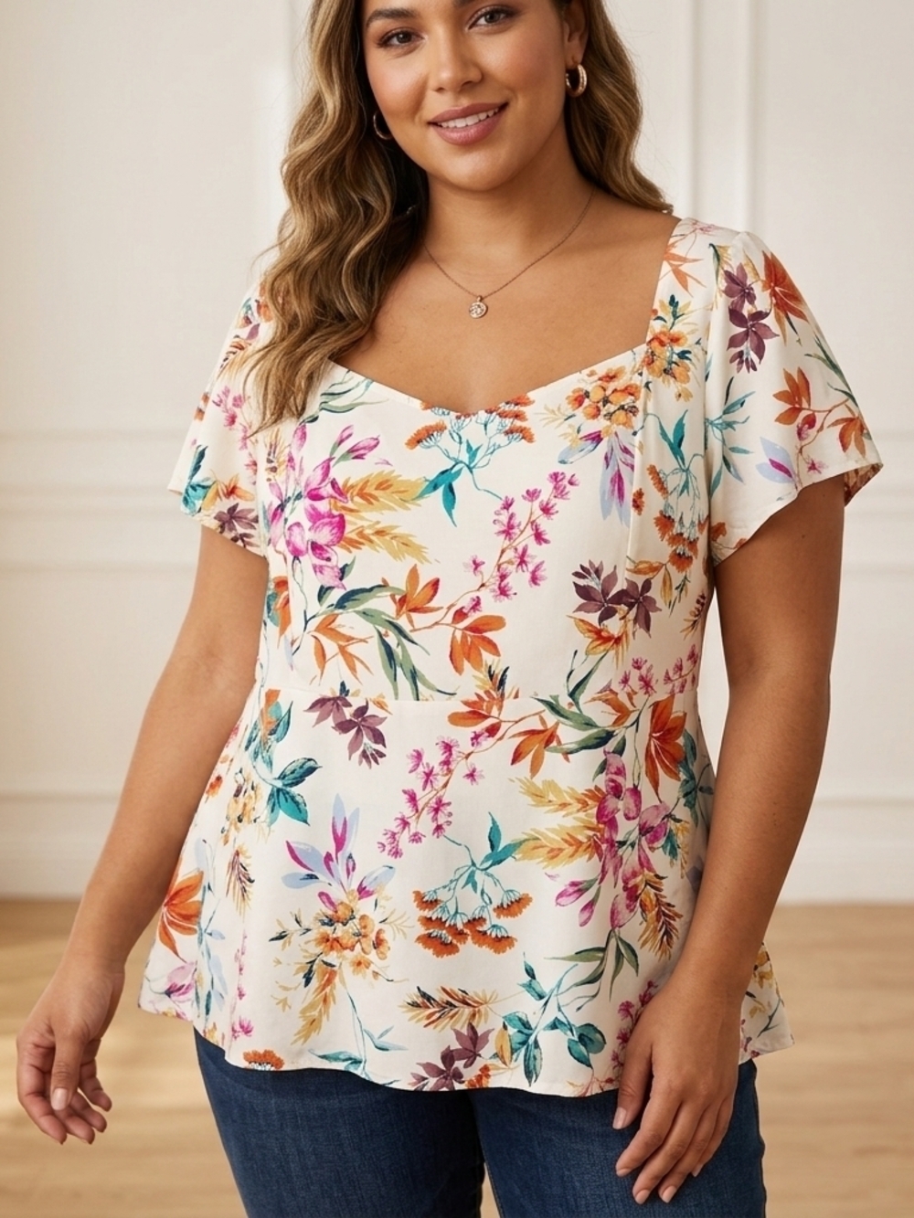 torrid Cream Floral Square-Neck Flutter Sleeve Top Size O